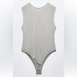 Gray  rhinestones Textured Sleeveless Bodysuit